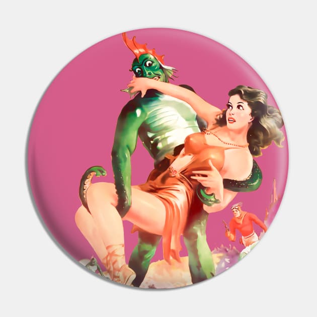 Beautiful pin up brunette from space is abducted by an alien on a distant planet Comic Retro Vintage Pin by REVISTANGO