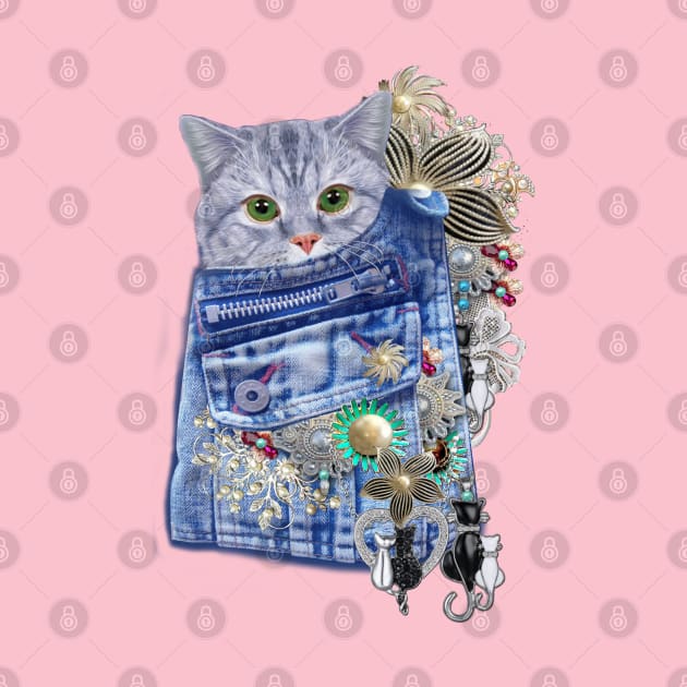 Blue Denim, lace - Costume Jewelry & Cute kitten by Just Kidding by Nadine May