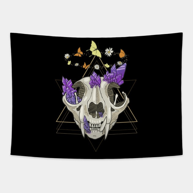 Cat Skull with Crystals, Butterflies, and Geometric Accents on Black Tapestry by KMogenArt