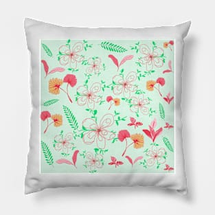 Abstract Flowers & Leaves Pattern In Green Background Pillow