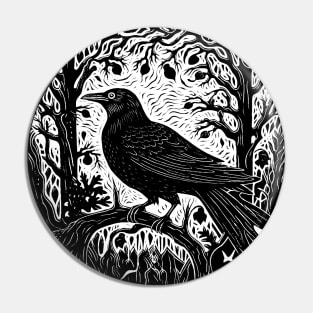 Raven In The Blackbird Forest Linocut Crow Pin