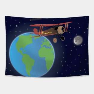 Red Biplane in Outer Space Tapestry