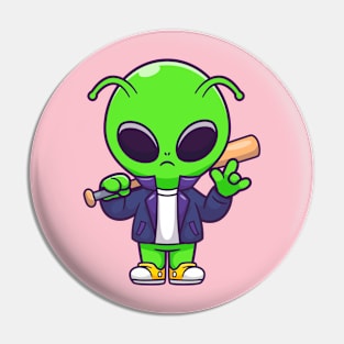 Cute Cool Alien With Baseball Bat Cartoon Pin