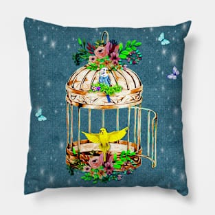 Bird Cage and Budgerigars aka Parakeets Pillow