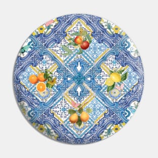 Mediterranean blue tiles, Italian citrus fruit, oranges and lemons Pin