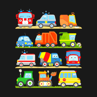 Vehicles with Tractor Digger Bus Ambulance Harvester Truck Police Car Fire Truck and Sweeper T-Shirt