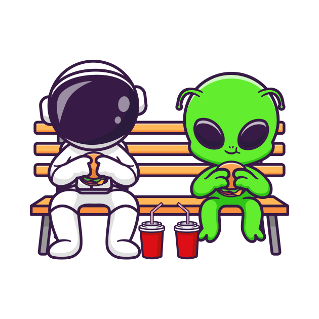 Cute Astronaut And Alien Eating Fastfood On Bench Park Cartoon by Catalyst Labs