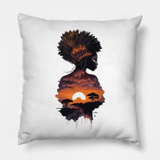 Watercolor black woman in African sunset Pillow