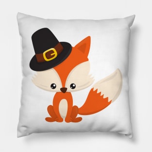 Thanksgiving, Cute Fox, Pilgrim Fox, Pilgrim Hat Pillow