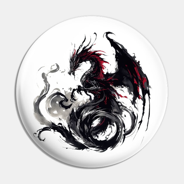 Japanese dragon painted in ink Pin by T-Shirt Paradise