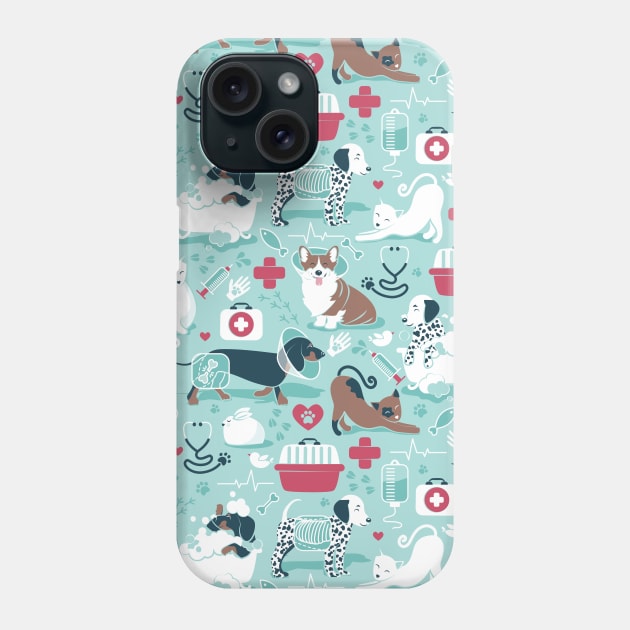 Veterinary medicine, happy and healthy friends // pattern // aqua background red details navy blue white and brown cats dogs and other animals Phone Case by SelmaCardoso