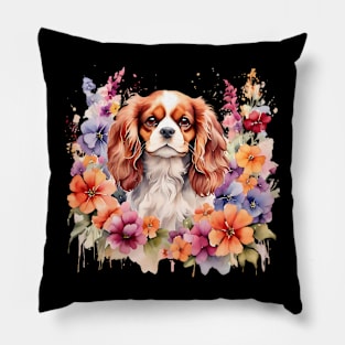 A cavalier king charles spaniel decorated with beautiful watercolor flowers Pillow