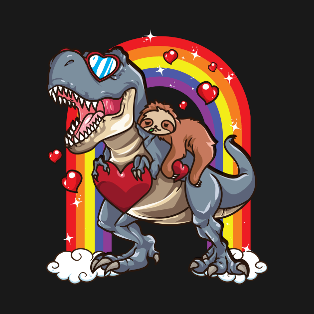 Sloth Riding Dinosaur T-Rex Red Hearts Dino Rainbow by Alinutzi