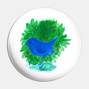 blue bird and shrub watercolor painting Pin