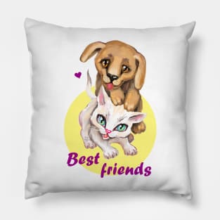 Cute small cat and dog. Sweet little baby pets. Kitten and puppy friends. Pillow