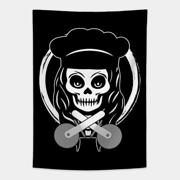 Female Pizza Chef Skull White Logo Tapestry by Nuletto