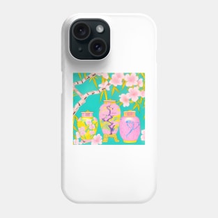 Preppy pink and yellow chinoiserie jars on turquoise Phone Case