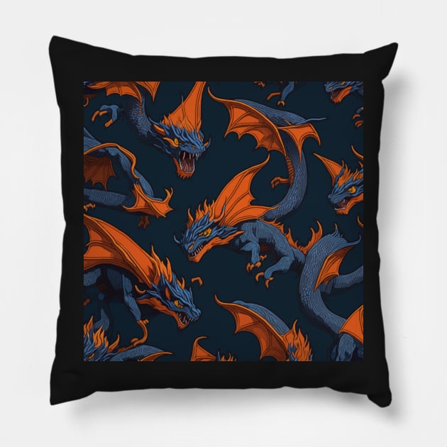 Orange And Blue Flying Dragons Tileable Seamless Pattern Design Pillow by LuckDragonGifts