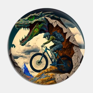 Interesting abstract cartoon mountain biker riding with a dinosaur? Pin