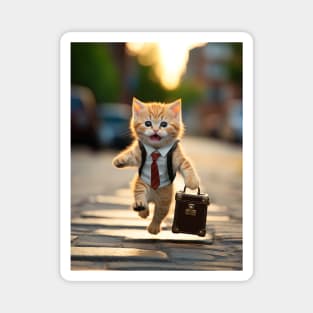 business kitty running with suitcase Magnet