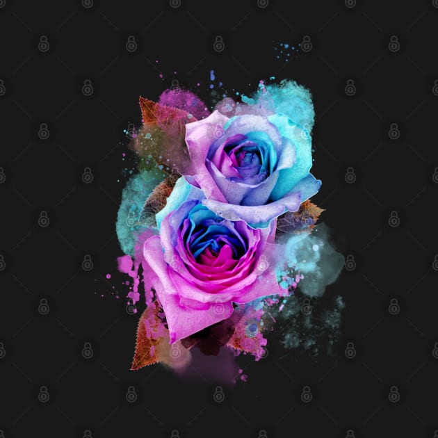 Blue and pink watercolour rainbow roses by Blacklinesw9