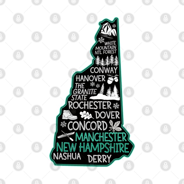 New Hampshire Manchester cute map Conway Hanover Rochester Dover Nashua Derry The Granite State by BoogieCreates