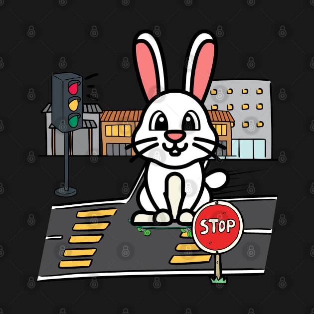 Cute Bunny is skate boarding on the street by Pet Station