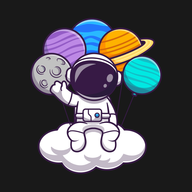 Astronaut Sitting On Cloud With Planet Balloon Cartoon by Catalyst Labs