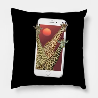 Giraffes with Sun and Phone - Wildlife Africa Pillow