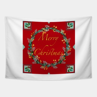 Traditional Golden Berry Merry Christmas Wreath Tapestry