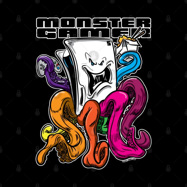 Monster Gamer Console with rainbow tentacles with take out Asian food container and chopsticks. by eShirtLabs