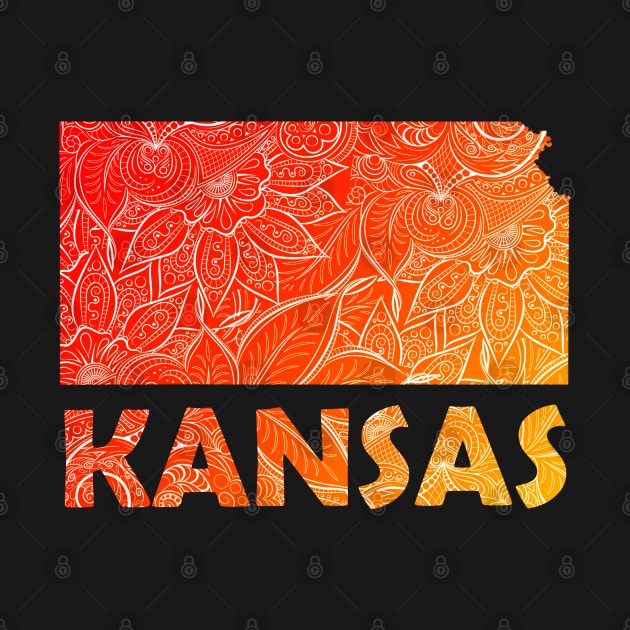 Colorful mandala art map of Kansas with text in red and orange by Happy Citizen