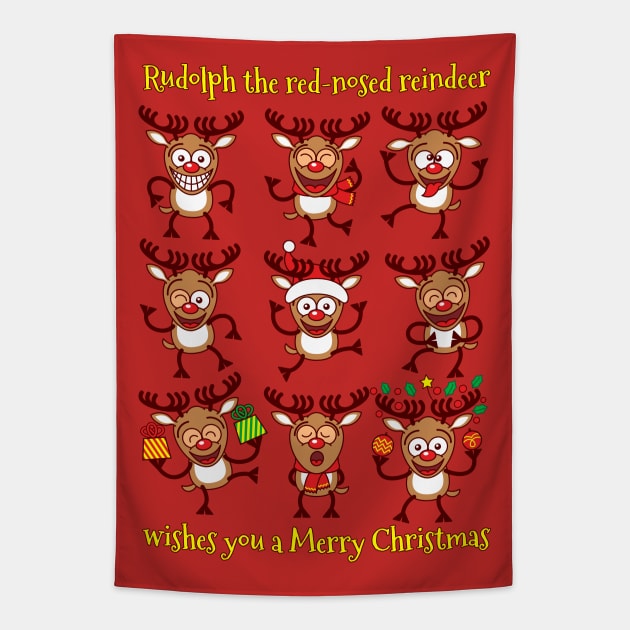 Rudolph the red-nosed reindeer wishes you a Merry Christmas in nine different ways Tapestry by zooco