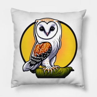 Sticker of wise looking owl stood on branch with a yellow and orange circle background. Pillow