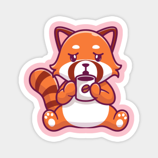 Cute Red Panda Drinking Coffee Cartoon Magnet