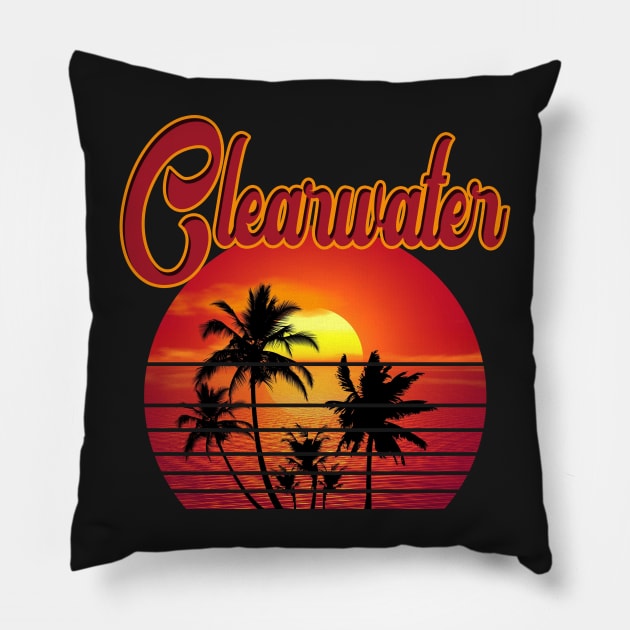 Clearwater Retro Vintage Sunset Beach Pillow by bougieFire