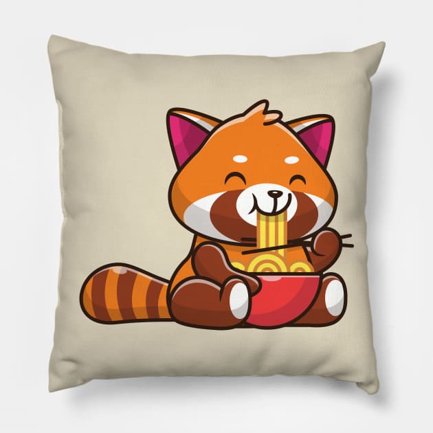 Cute Red Panda Eating Noodle Cartoon Pillow by Catalyst Labs