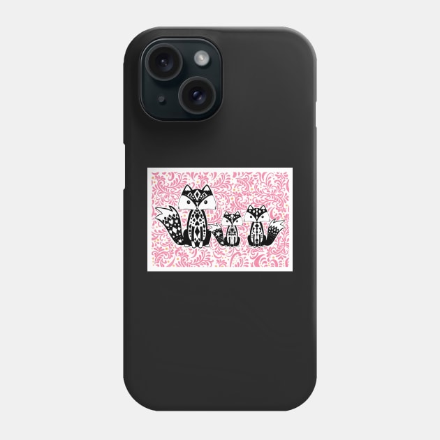 Linoprint Vixen with Cubs Floral Background Phone Case by NattyDesigns