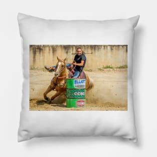 Barrel racer rounding a barrel Pillow