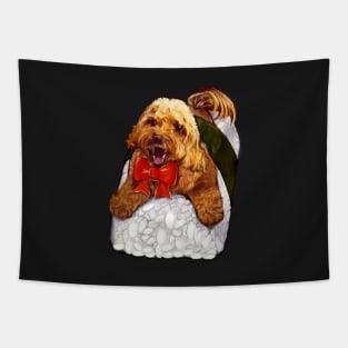 Sushi dog - Cute Cavapoo Cavoodle puppy dog with festive  red bow  - cavalier king charles spaniel poodle, puppy love Tapestry