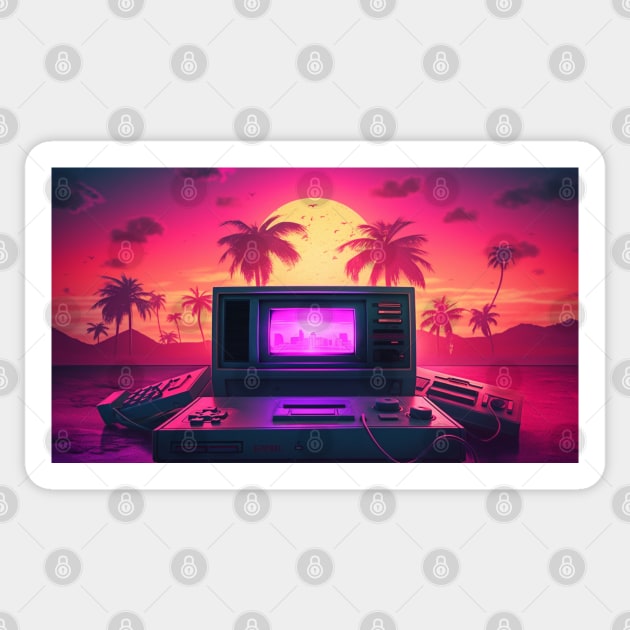 Retro Futuristic Computer Synthwave Sun And Palms - Synthwave Arcade ...