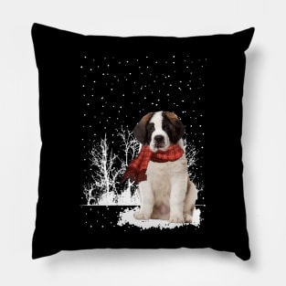 Christmas Saint Bernard With Scarf In Winter Forest Pillow