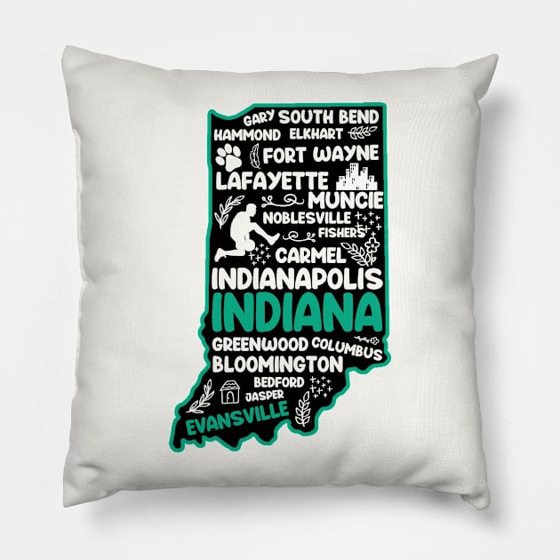 Evansville Indiana cute map Indianapolis, Fort Wayne, Evansville, Carmel, South Bend, Fishers, Bloomington, Hammond, Gary, Lafayette Pillow by BoogieCreates