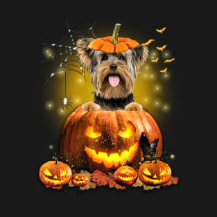 Yorkshire Terrier Spooky Halloween Pumpkin Dog Head T-Shirt