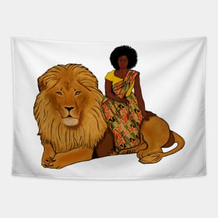 Proud African Afro Woman with Lion and Kente Pattern Tapestry