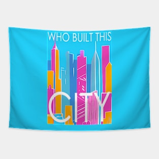 Who built this city! , Skyline in the sea border, pastel color, pink, cyan, chalk art Tapestry