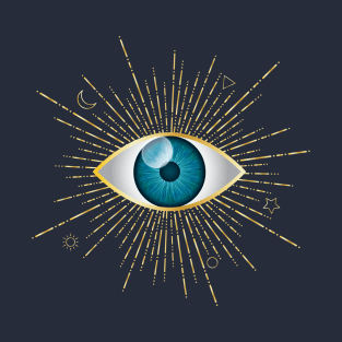 Aqua Blue Evil Eye Gold Eyelashes Sun Moon Star Nazar Mati Talisman T-Shirt