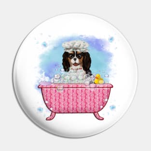 Tri-Colored Cavalier King Charles Spaniel in a Bath Tub Pin