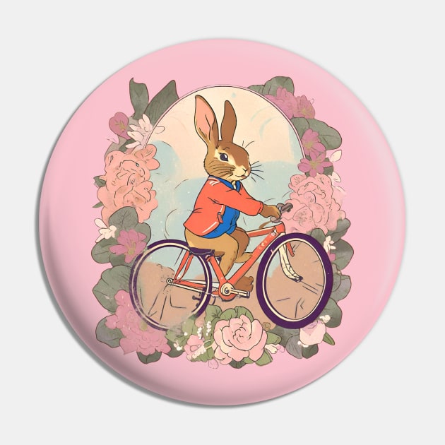 Cycling Enthusiast Cycler of Rabbit in Vintage Flowers Adventure Pin by wigobun