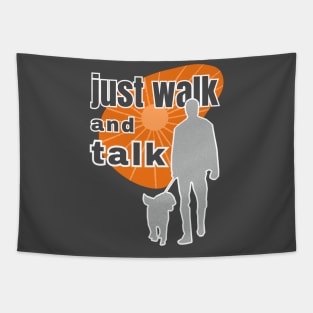 Just walk and talk walking with a dog against the background of the orange sunrise Tapestry